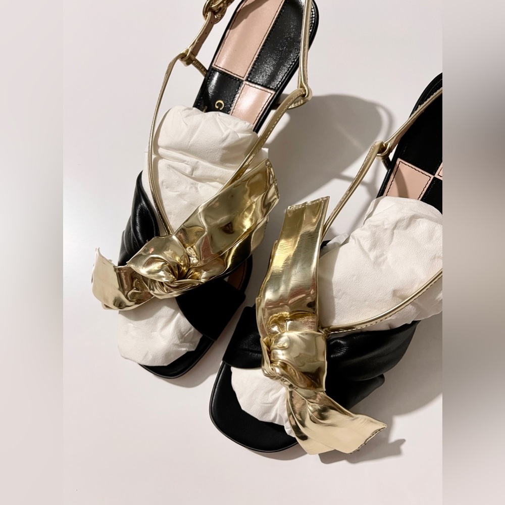 NEW, Authentic Gucci Slingback Kitten-Heel Sandals in Black and Gold - Picture 8 of 13